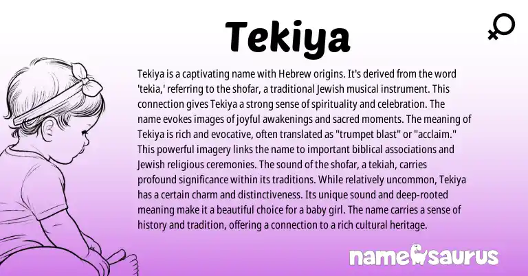Infographic about Tekiya name meaning, Tekiya is a name from Jewish, Hebrew origin(s).