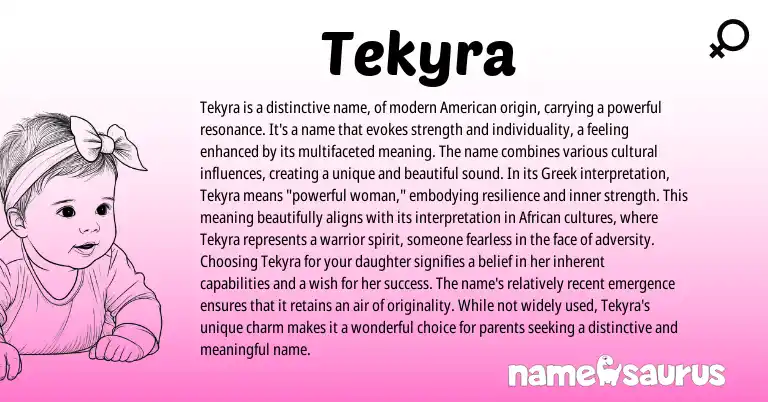 Infographic about Tekyra name meaning, Tekyra is a name from Greek, African origin(s).