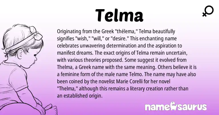 Infographic about Telma name meaning, Telma is a name from Greek origin(s).