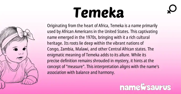 Infographic about Temeka name meaning, Temeka is a name from Central African, African, United States origin(s).
