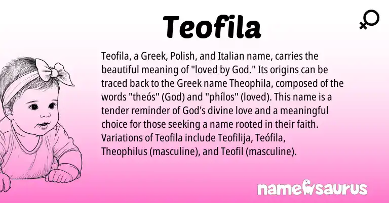 Infographic about Teofila name meaning, Teofila is a name from Polish, Italian, Greek origin(s).