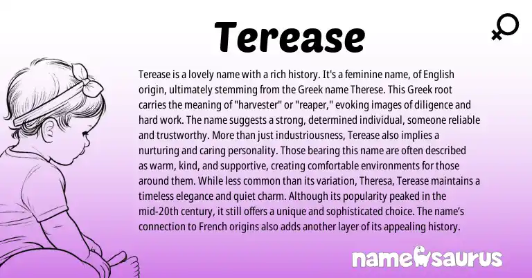 Infographic about Terease name meaning, Terease is a name from Greek, English origin(s).