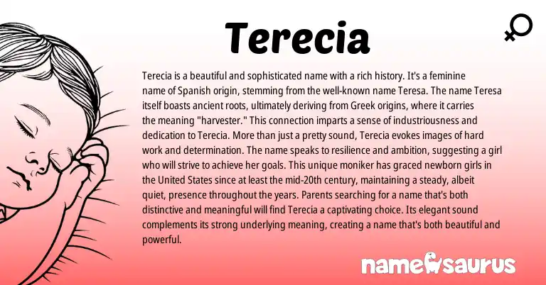 Infographic about Terecia name meaning, Terecia is a name from Spanish origin(s).
