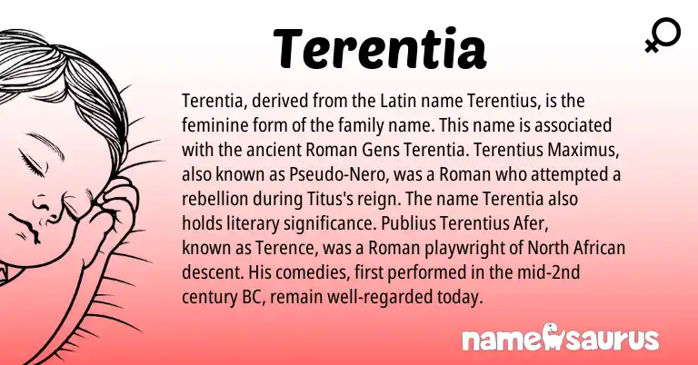 Infographic about Terentia name meaning, Terentia is a name from Roman, Latin, North African origin(s).