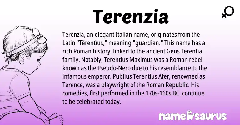 Infographic about Terenzia name meaning, Terenzia is a name from Roman, Latin, Italian origin(s).