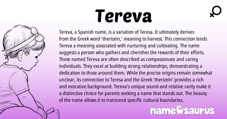 Infographic about Tereva name meaning, Tereva is a name from Greek, Spanish origin(s).
