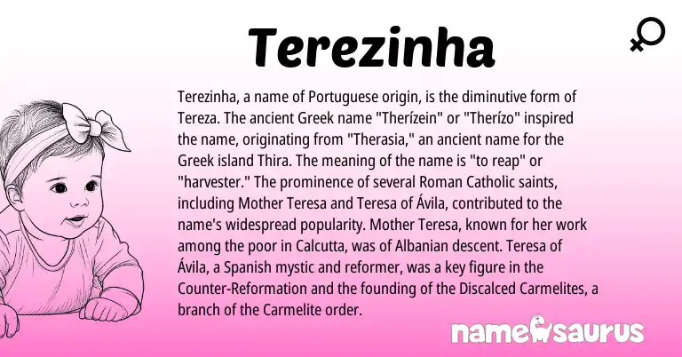 Infographic about Terezinha name meaning, Terezinha is a name from Albanian, Spanish, Roman, Greek, Portuguese origin(s).