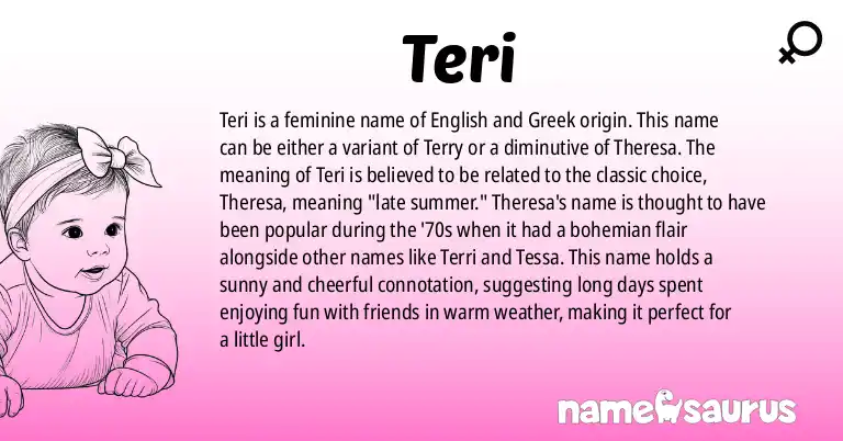 Infographic about Teri name meaning, Teri is a name from English, Greek origin(s).
