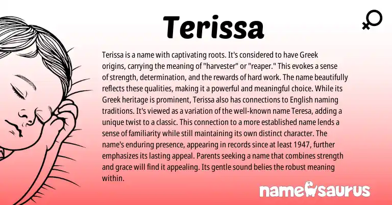 Infographic about Terissa name meaning, Terissa is a name from Greek origin(s).