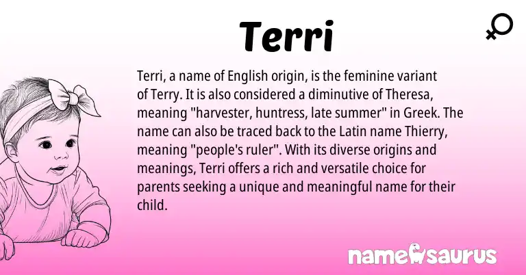 Infographic about Terri name meaning, Terri is a name from English, Latin, Greek origin(s).