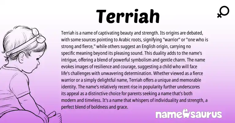 Infographic about Terriah name meaning, Terriah is a name from Arabic origin(s).