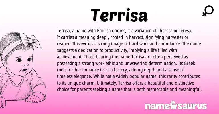Infographic about Terrisa name meaning, Terrisa is a name from English origin(s).