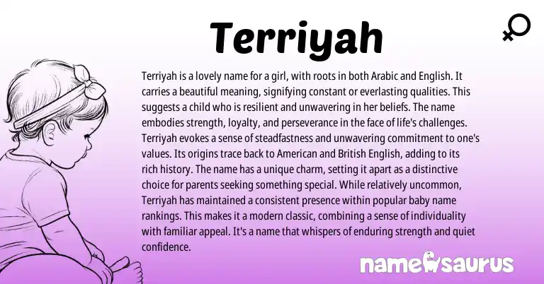 Infographic about Terriyah name meaning, Terriyah is a name from English, Arabic origin(s).