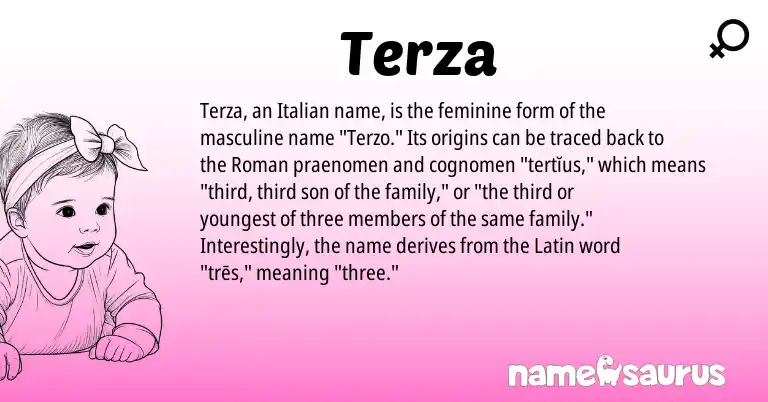 Infographic about Terza name meaning, Terza is a name from Roman, Latin, Italian origin(s).