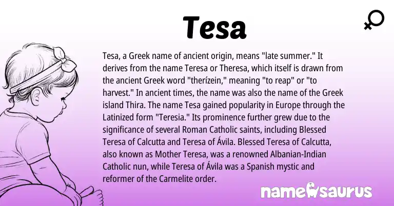 Infographic about Tesa name meaning, Tesa is a name from Albanian, Spanish, Indian, Roman, Greek origin(s).
