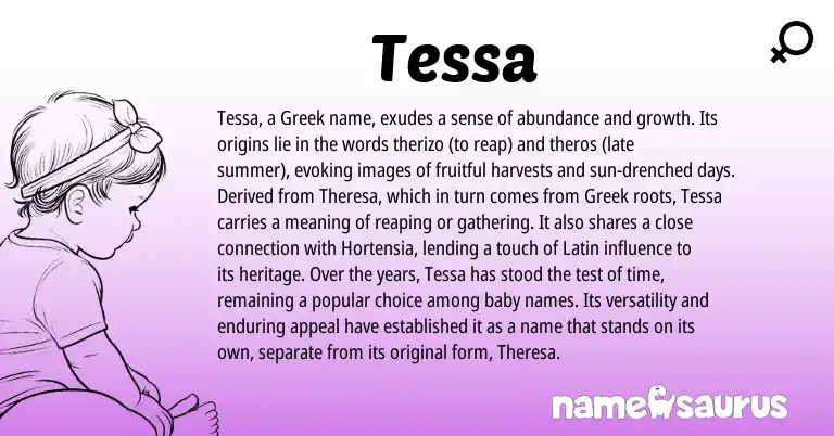 Infographic about Tessa name meaning, Tessa is a name from Latin, Greek origin(s).