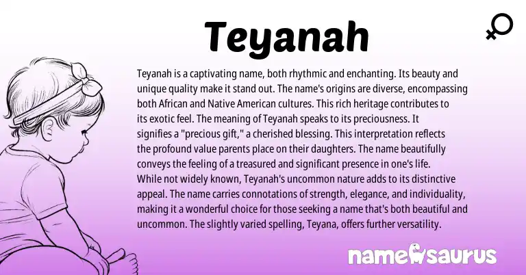 Infographic about Teyanah name meaning, Teyanah is a name from American origin(s).