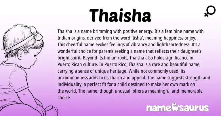 Infographic about Thaisha name meaning, Thaisha is a name from Indian origin(s).