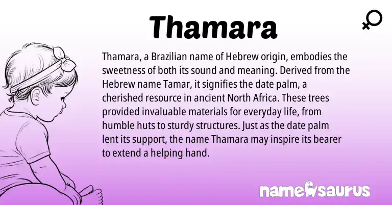 Infographic about Thamara name meaning, Thamara is a name from North Africa, Brazilian, Hebrew origin(s).