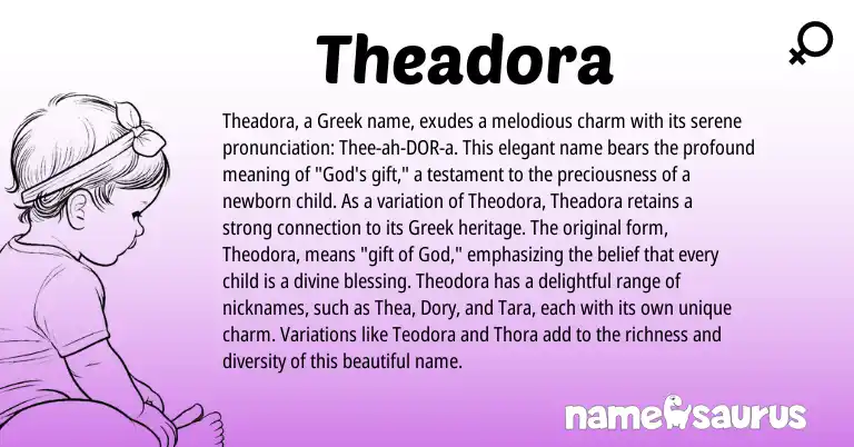Infographic about Theadora name meaning, Theadora is a name from Greek origin(s).
