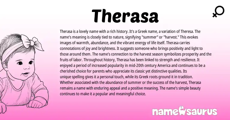 Infographic about Therasa name meaning, Therasa is a name from Greek origin(s).