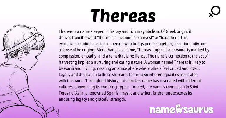 Infographic about Thereas name meaning, Thereas is a name from Greek origin(s).