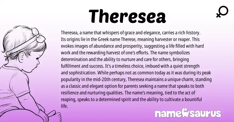 Infographic about Theresea name meaning, Theresea is a name from English, Greek origin(s).