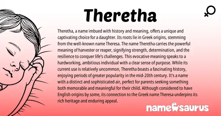 Infographic about Theretha name meaning, Theretha is a name from English, Greek origin(s).