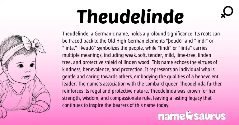Infographic about Theudelinde name meaning, Theudelinde is a name from Old High German, Germanic, Lombard origin(s).