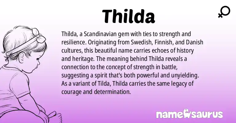 Infographic about Thilda name meaning, Thilda is a name from Swedish, Finnish, Danish, Norwegian origin(s).