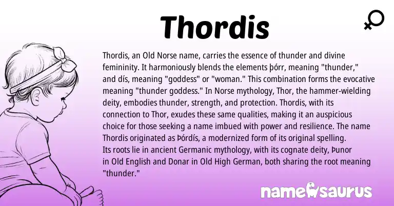 Infographic about Thordis name meaning, Thordis is a name from Old Norse, Old High German, Germanic, Old English, Norse origin(s).
