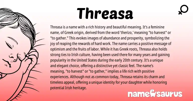 Infographic about Threasa name meaning, Threasa is a name from Greek origin(s).