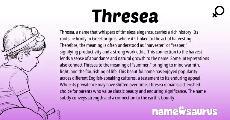 Infographic about Thresea name meaning, Thresea is a name from Greek origin(s).