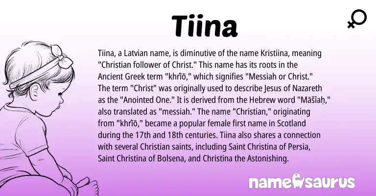Infographic about Tiina name meaning, Tiina is a name from Ancient Greek, Latvian, Hebrew origin(s).