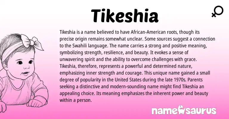 Infographic about Tikeshia name meaning, Tikeshia is a name from African, Swahili origin(s).