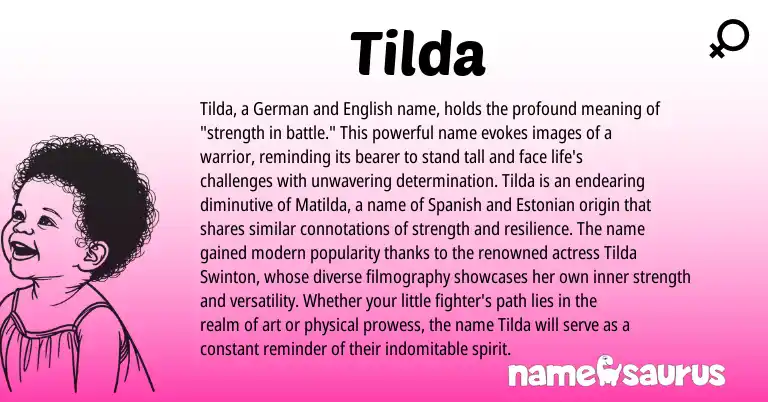 Infographic about Tilda name meaning, Tilda is a name from German, English, Spanish, Estonian origin(s).