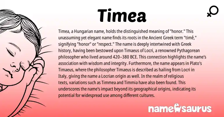 Infographic about Timea name meaning, Timea is a name from Hungarian, Greek, Ancient Greek origin(s).