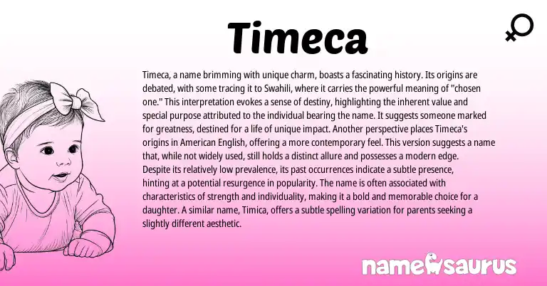 Infographic about Timeca name meaning, Timeca is a name from African, Swahili origin(s).