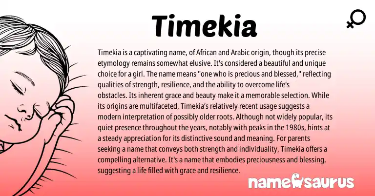 Infographic about Timekia name meaning, Timekia is a name from African, Arabic origin(s).