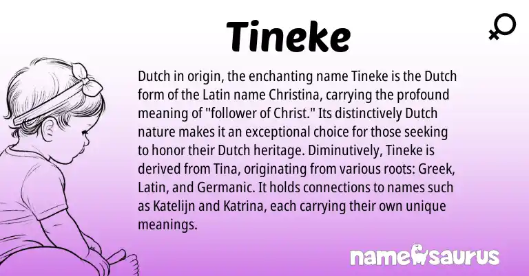 Infographic about Tineke name meaning, Tineke is a name from Germanic, Dutch, Latin, Greek origin(s).
