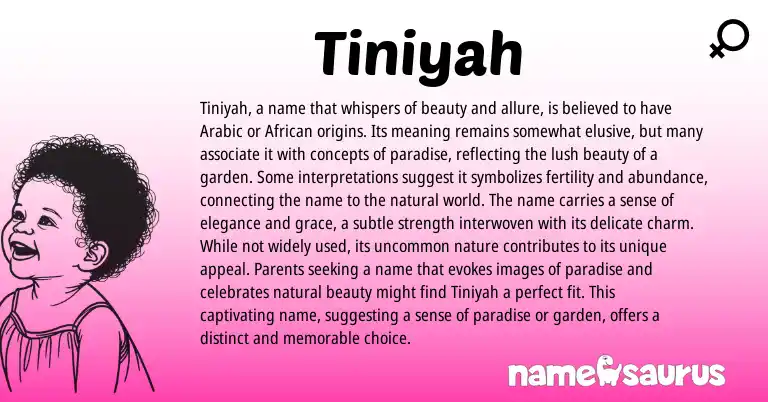 Infographic about Tiniyah name meaning, Tiniyah is a name from Arabic origin(s).