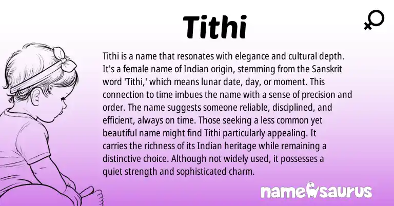 Infographic about Tithi name meaning, Tithi is a name from Hindi, Indian, Sanskrit origin(s).