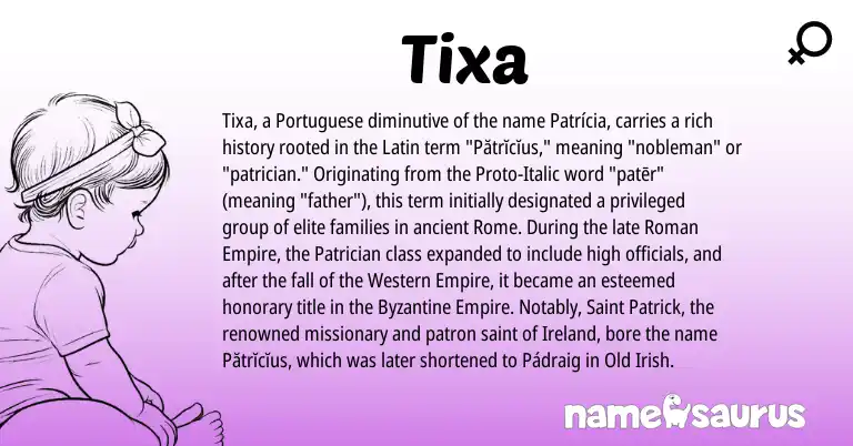 Infographic about Tixa name meaning, Tixa is a name from Ireland, Roman, Latin, Old Irish, Portuguese origin(s).