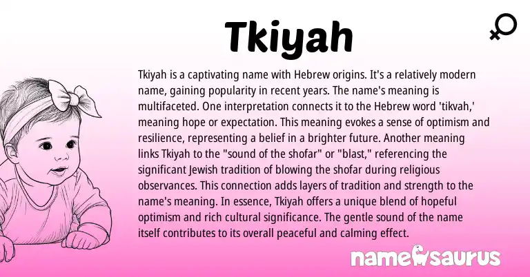Infographic about Tkiyah name meaning, Tkiyah is a name from Hebrew origin(s).