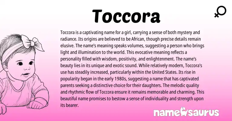 Infographic about Toccora name meaning, Toccora is a name from African, Italian origin(s).