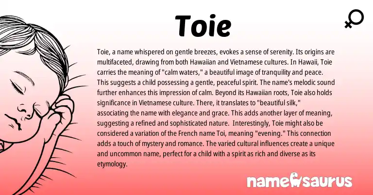 Infographic about Toie name meaning, Toie is a name from Hawaiian origin(s).