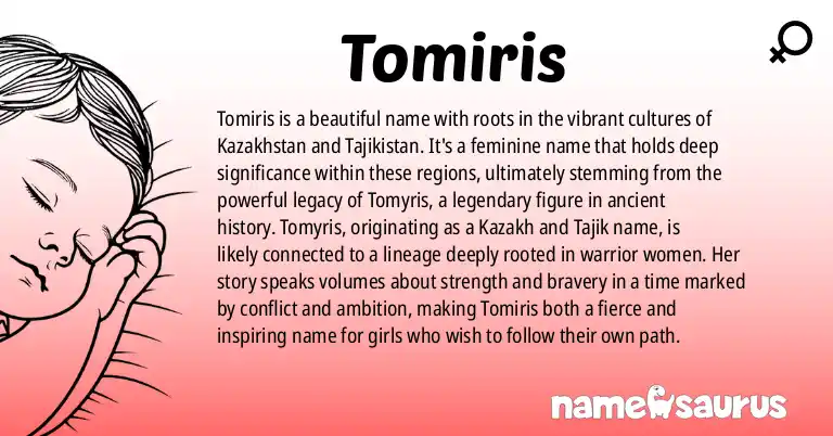 Infographic about Tomiris name meaning, Tomiris is a name from Kazakh, Tajik origin(s).