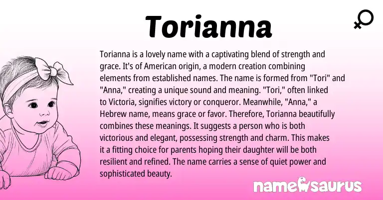 Infographic about Torianna name meaning, Torianna is a name from Latin, American origin(s).