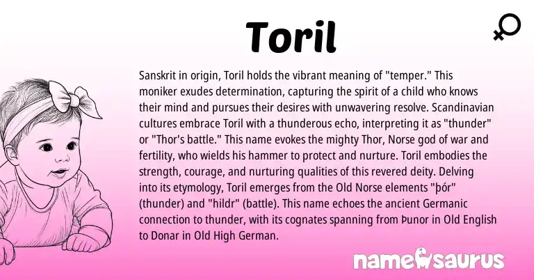 Infographic about Toril name meaning, Toril is a name from Old Norse, Old High German, Scandinavian, Germanic, Old English, Sanskrit, Norse origin(s).