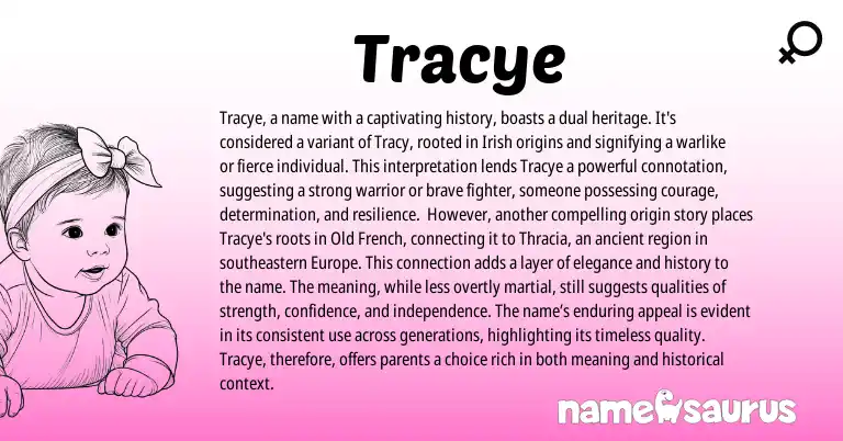 Infographic about Tracye name meaning, Tracye is a name from English, Irish origin(s).